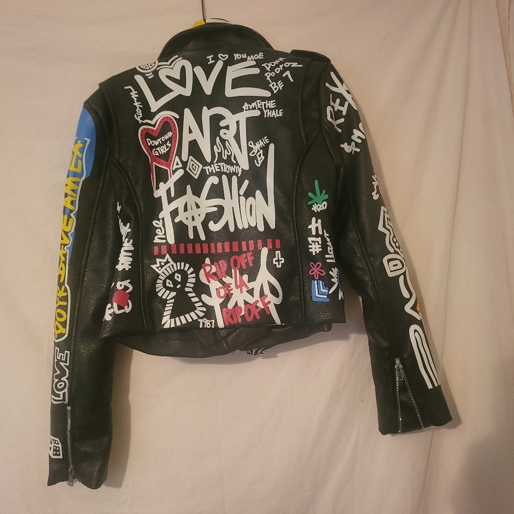 Azalea Wang Faux Leather Black Graffiti Moto Jacket